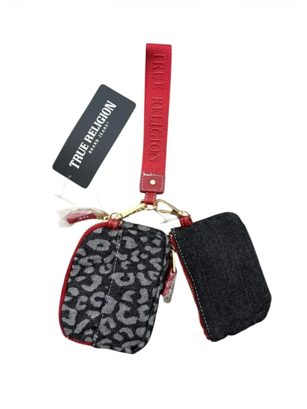 NWT True Religion Wristlet Keychain Card Set Leopard Denim Red